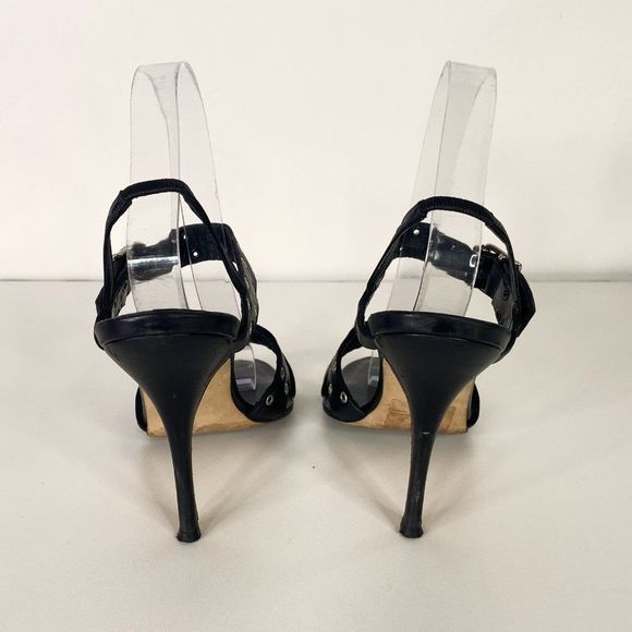 Manolo Blahnik Black Strappy Leather Heels with Silver Grommet Details - Picture 4 of 7